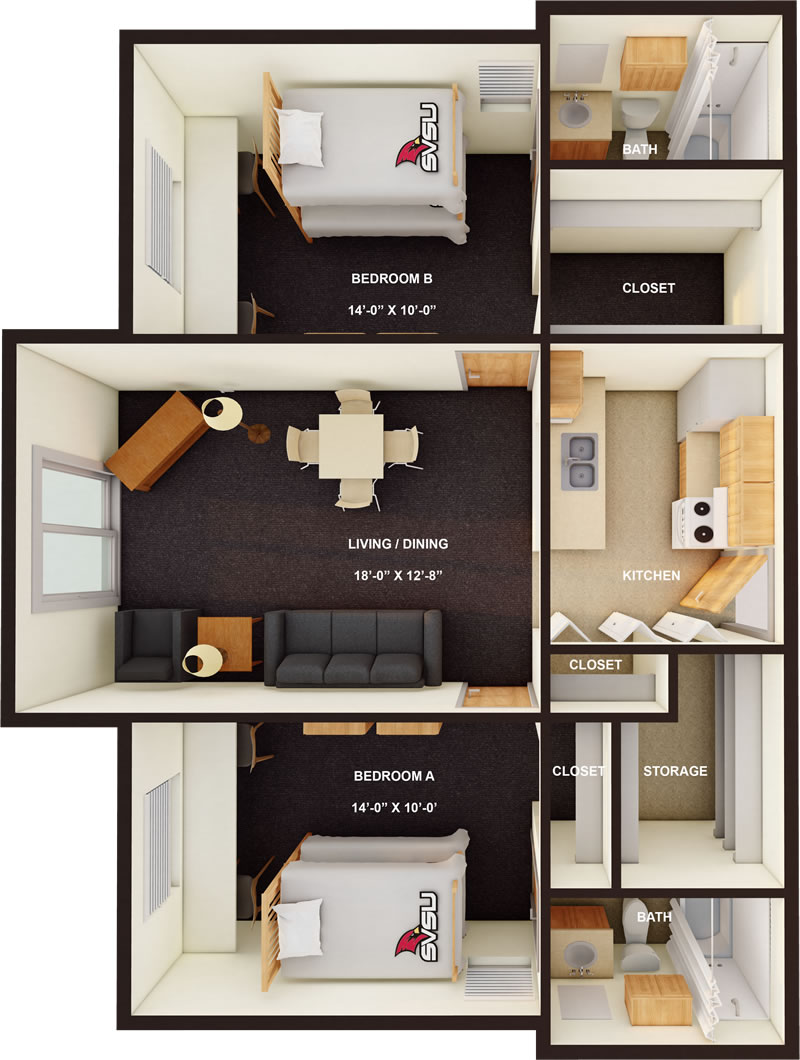 Pine Grove Shared Apartment Option 1 3D Floor Plan in color